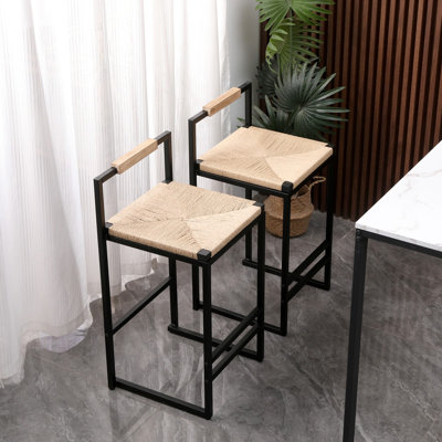 Ensemble de 2 tabourets de bar industriels, tabourets de comptoir tissés en corde de papier avec structure en métal noir et dossier en bois