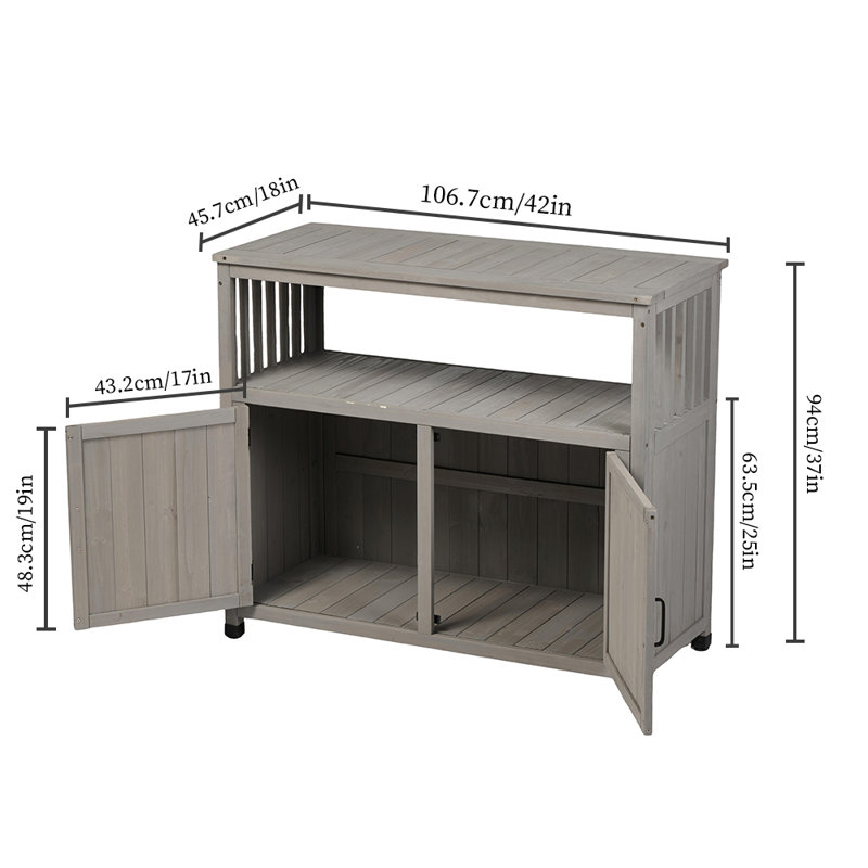 Rectangular Wood Outdoor Console & Buffet Table with Storage Cabinet