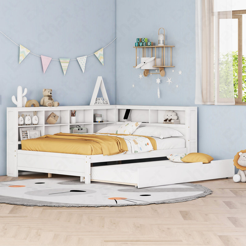 Wooden Full Size Daybed With Twin Size Trundle, Daybed With Storage Shelf And USB Charging Ports,White, White