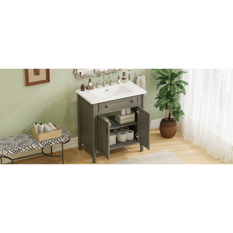 31-Inch Antique Gray Bathroom Vanity With Ceramic Sink, Adjustable Storage, And Grooved Cylindrical Legs, Antique Gray