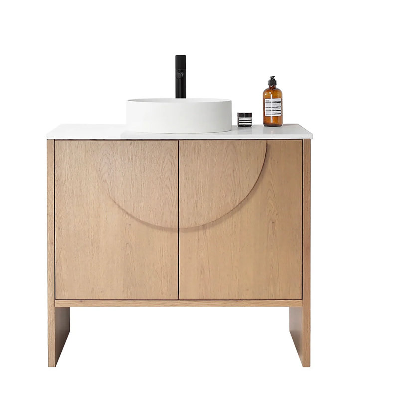 Arno 36'' Natural Oak Veneer plywood Bathroom Vanity with Solid Surface Top, Pecan Oak
