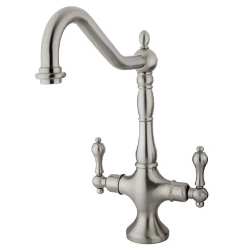Kingston Brass Heritage Two-Handle Deck Mount Kitchen Faucet, Without Spray, Brushed Nickel