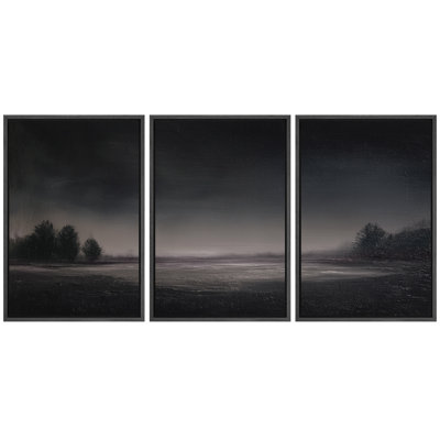 Dark Minimalist Foggy River Landscape Artwork, Living Room Pictures, Framed Canvas Giclee Print 3 Pieces Wall Art