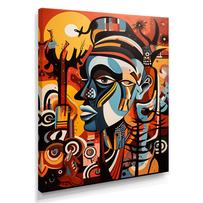 Chaos tribal abstrait bleu minimaliste - Masque africain, art mural salon, Toile tendue, H 32 po x l 24 po x P 1 po