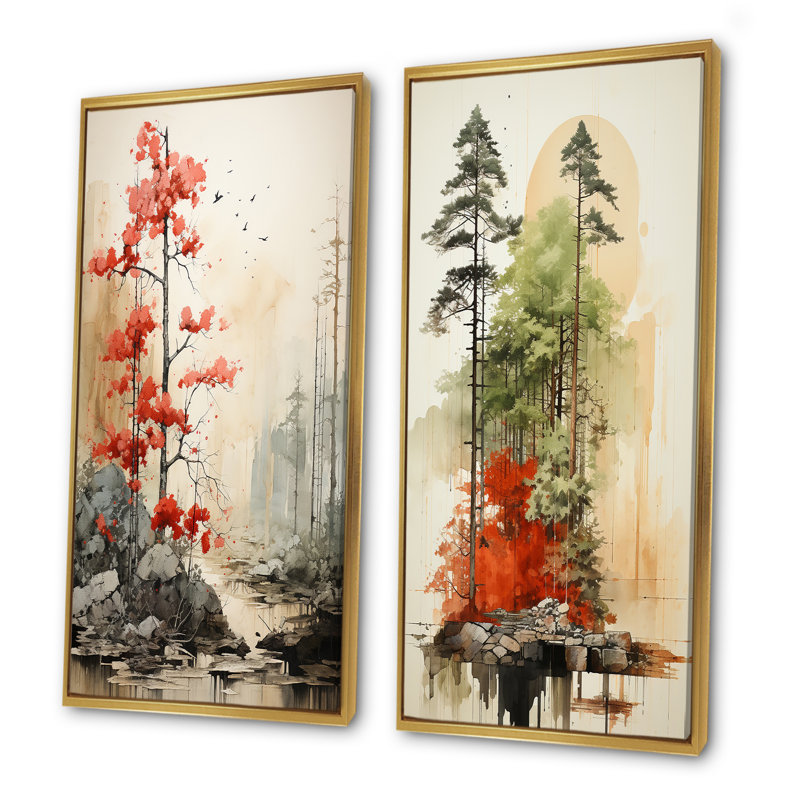 «Munimal Redwood Tree Symetry», ensemble de 2 reproductions d'art sur bois de séquoia, Cadre flottant doré, H 40 po x l 41 po