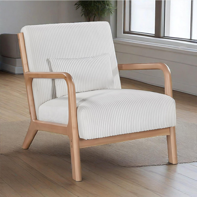 Chaise longue en bois avec coussins Mid-Century, Naturel, Blanc