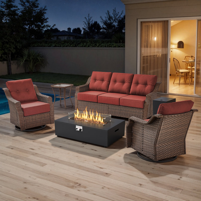  Acton 5-Piece Outdoor Wicker Patio Conversation Set With Swivel Chairs And Metal Fire Pit, Red