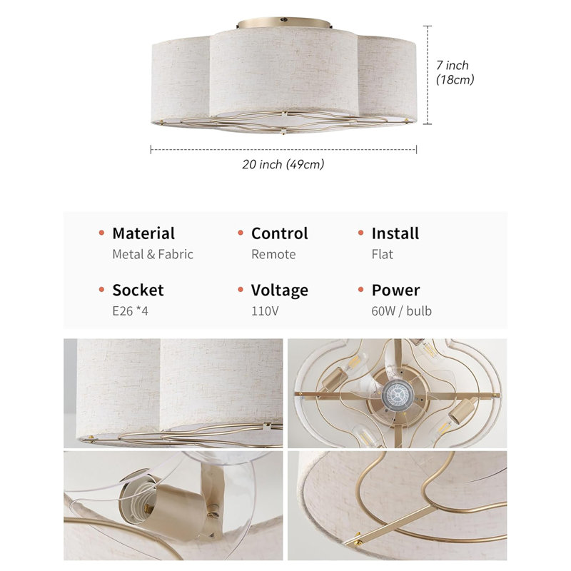 Ventilateurs de plafond avec lumières, ventilateur de plafond à profil bas de 20 po avec télécommande, plafonnier encastré sans lame à 6 vitesses pour la chambre à coucher, la chambre de bébé et le salon.
