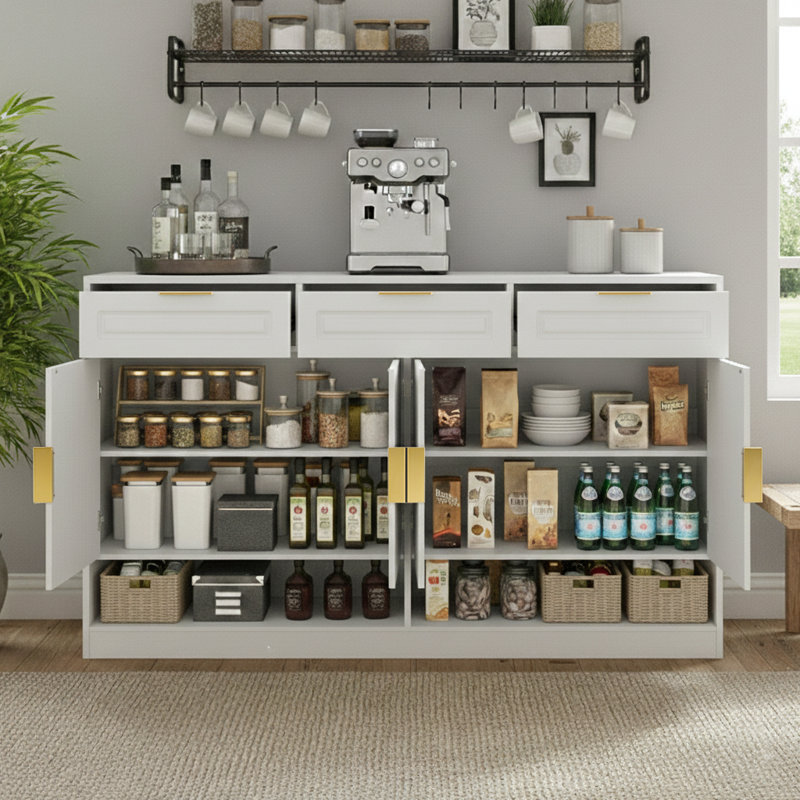 59-inch multifunctional sideboard with drawers and open shelves, suitable for dining rooms and entryways., White