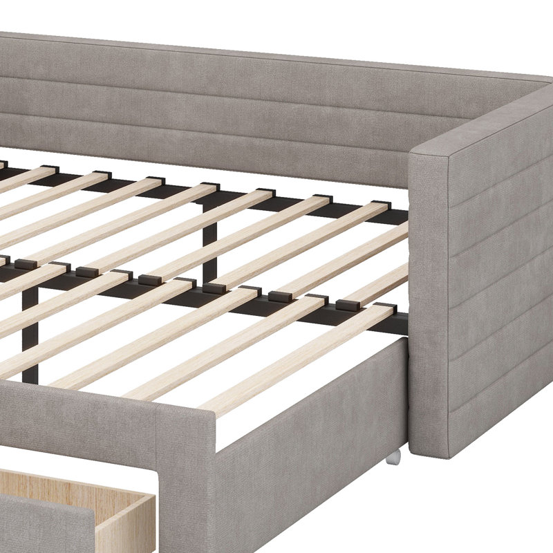 Upholstered Extendable Daybed Frame With Trundle, Gray