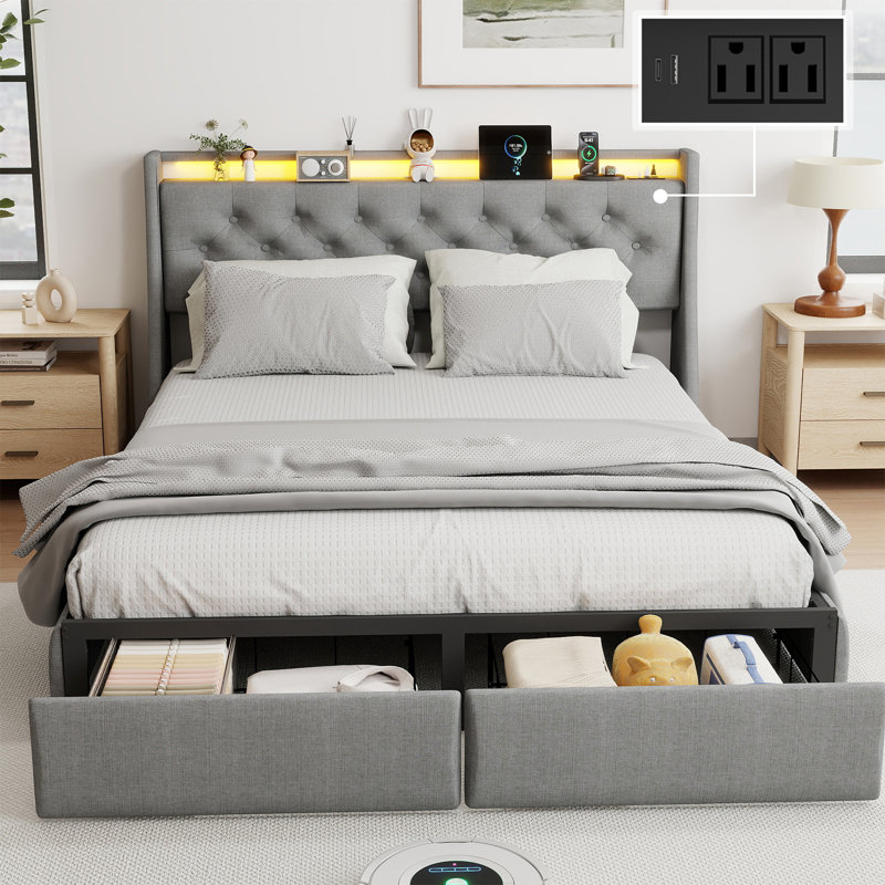 Oneita Upholstered LED Bed Frame With Storage Headboard Charging Station 2 Drawers Gray, Queen