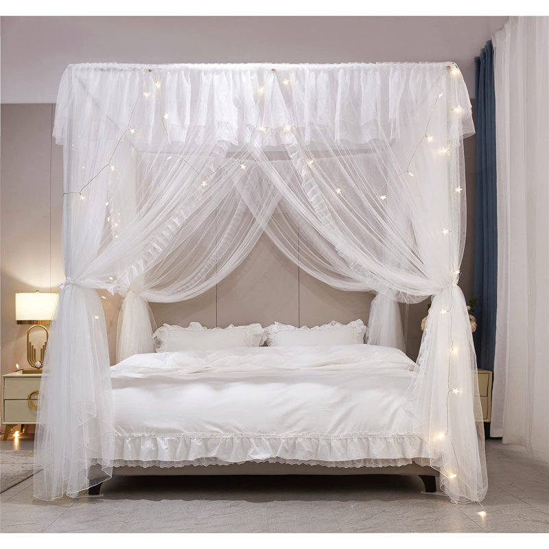 4 moustiquaires à volants avec lit à baldaquin et double couche avec moustiquaire pour 4 adultes et décoration de chambre à coucher