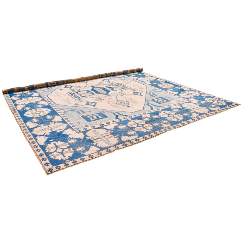 Tapis rétro de style tribal anatolien bleu et ivoire rétro fait à la main 13 x 15 po