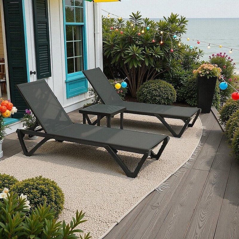 2PC Chair and Table Set, 5‑Position Adjustable Outdoor Chaise Lounge with Wheels & Stackable Design, Dark Grey