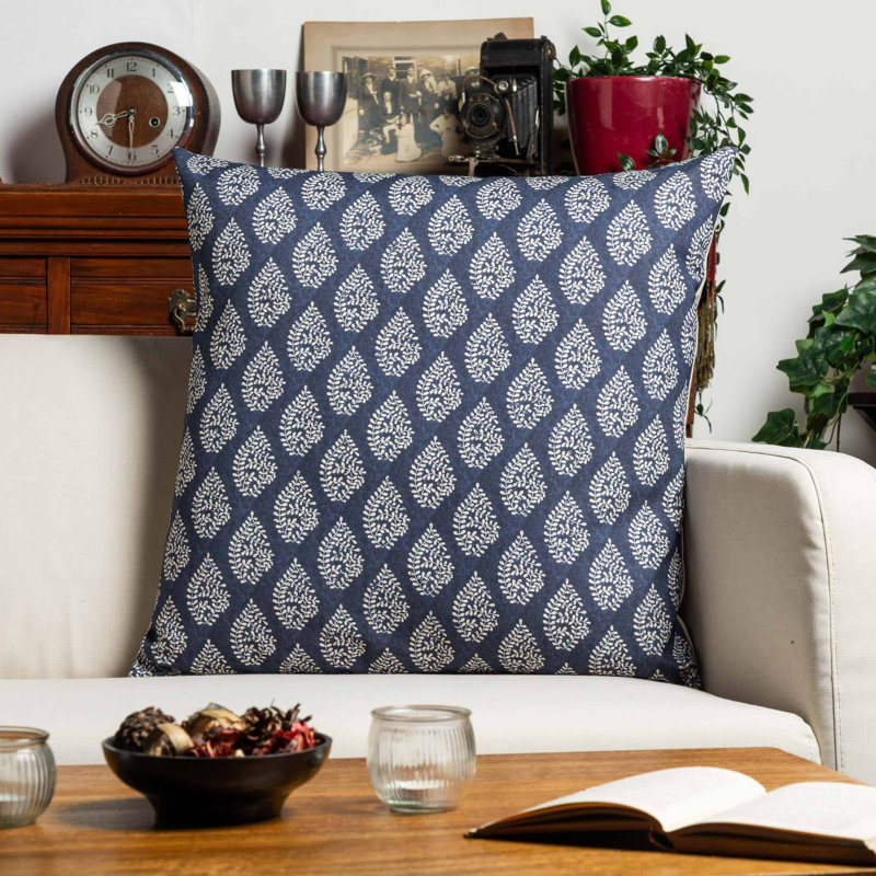 Striped and Floral Blue Throw Cushion, 58x58cm, Feather filled