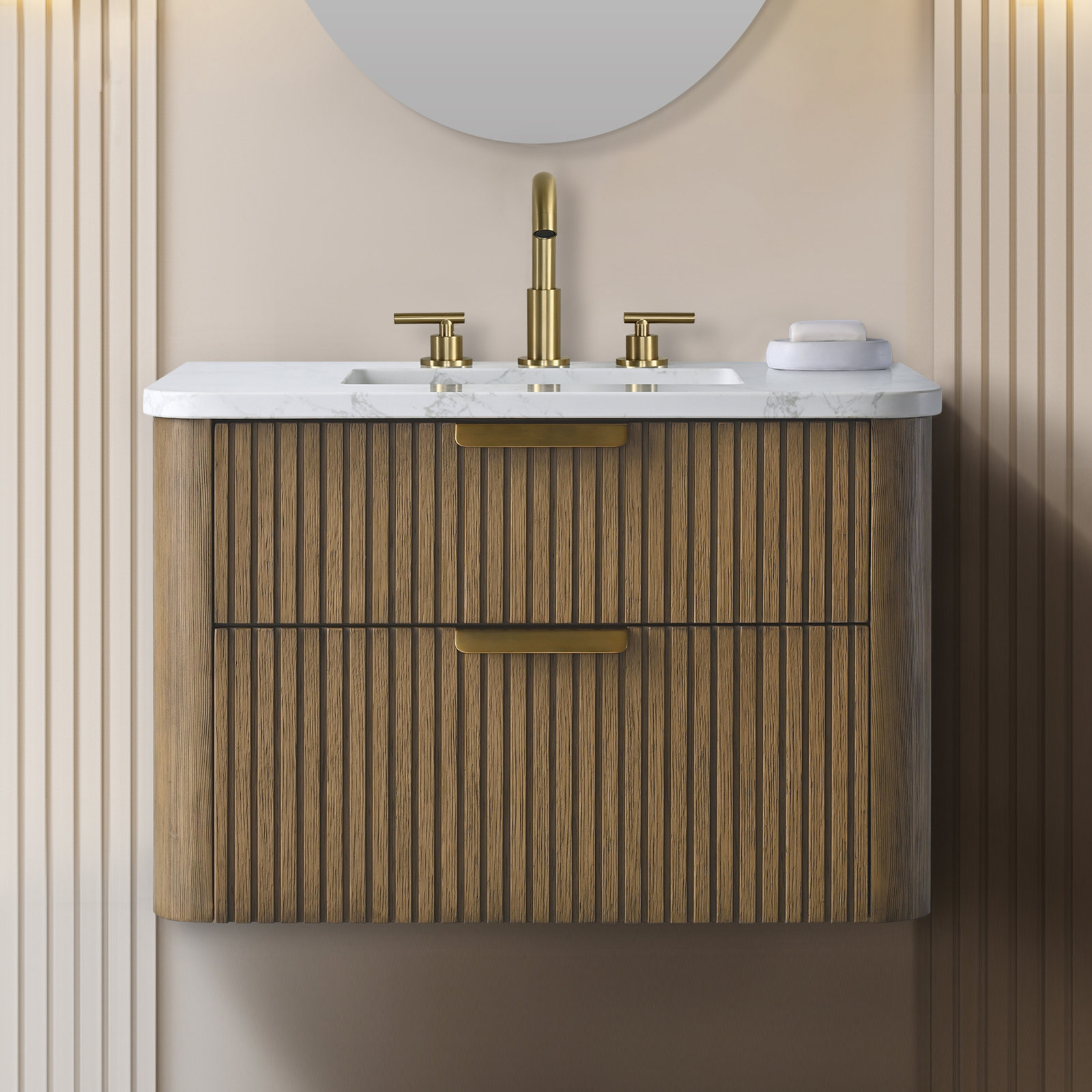 Liljan 30'' Wall-Mounted Single Bathroom Vanity with Engineered Stone Top, Aged Oak/Brushed Bronze