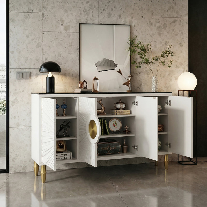 Modern Luxury 63'' White Sunburst Carved Sideboard with Faux Marble Top, 4-Door Storage Cabinet with Gold Handles & Soft-Close Hinges, Buffet Console for Dining Room Entryway Living Room