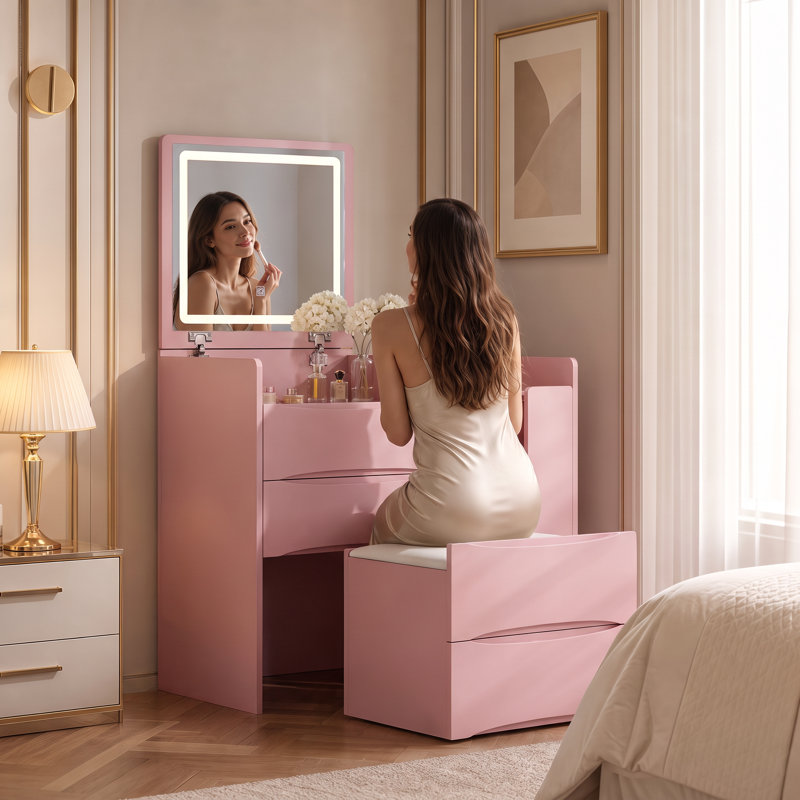 Coiffeuse 3 en 1 avec miroir rabattable, éclairage DEL réglable, plateau latéral coulissant et tabouret, idéale pour gagner de la place dans une chambre, rose.