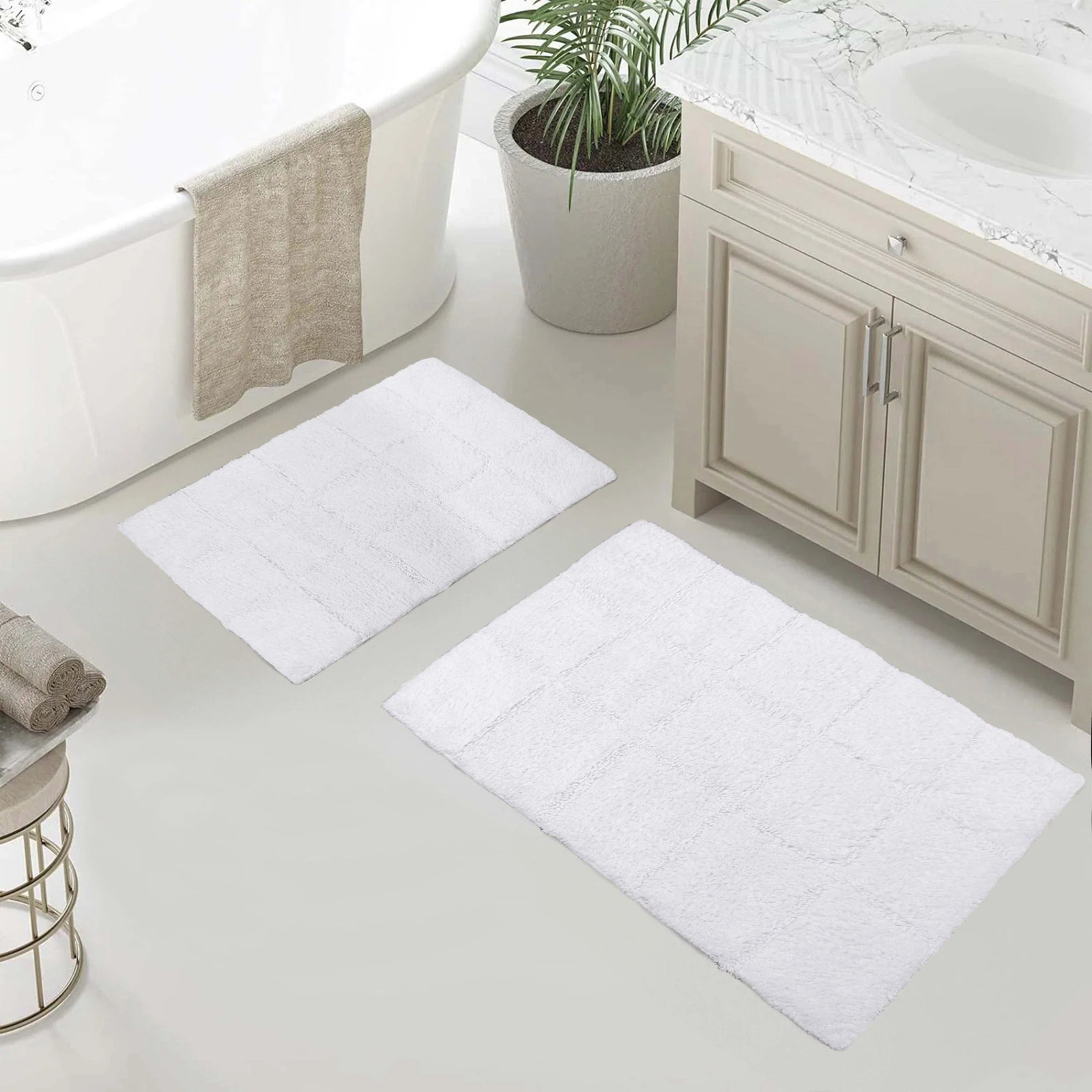 Checkered Cotton Bath Rug, Checkers White
