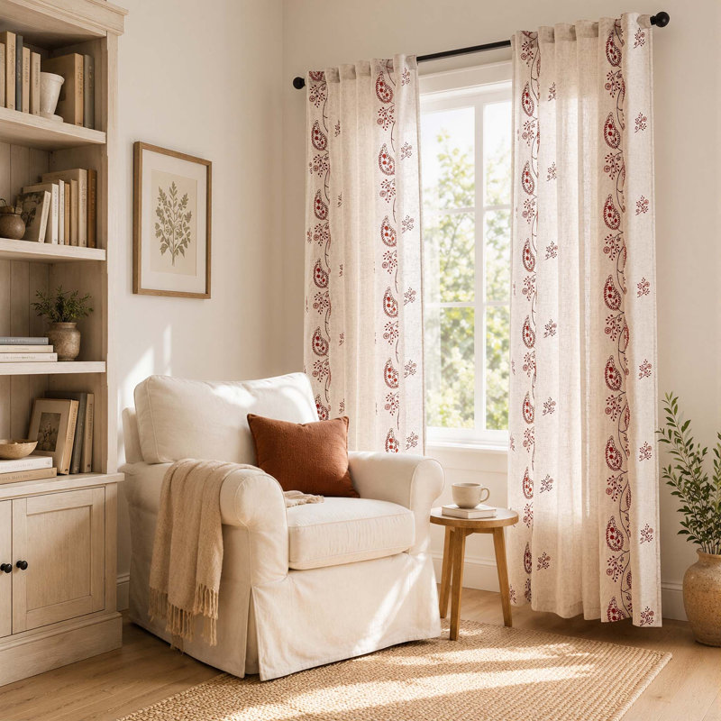 Rideaux de ferme brodés en mélange de lin, Terre cuite, beige, 50" W x 84" L