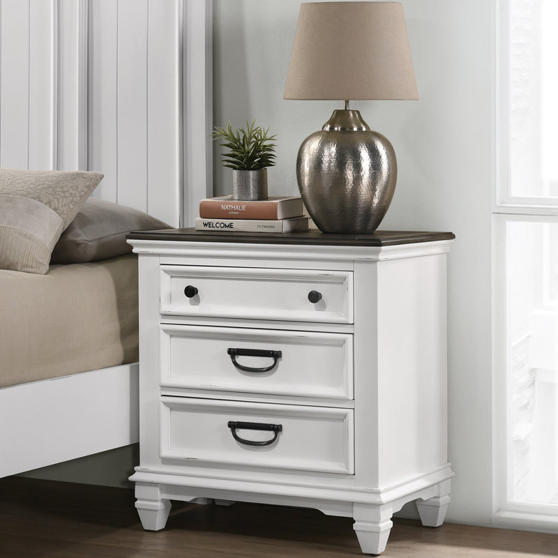 Table de chevet à 3 tiroirs en bois, blanc vieilli et gris