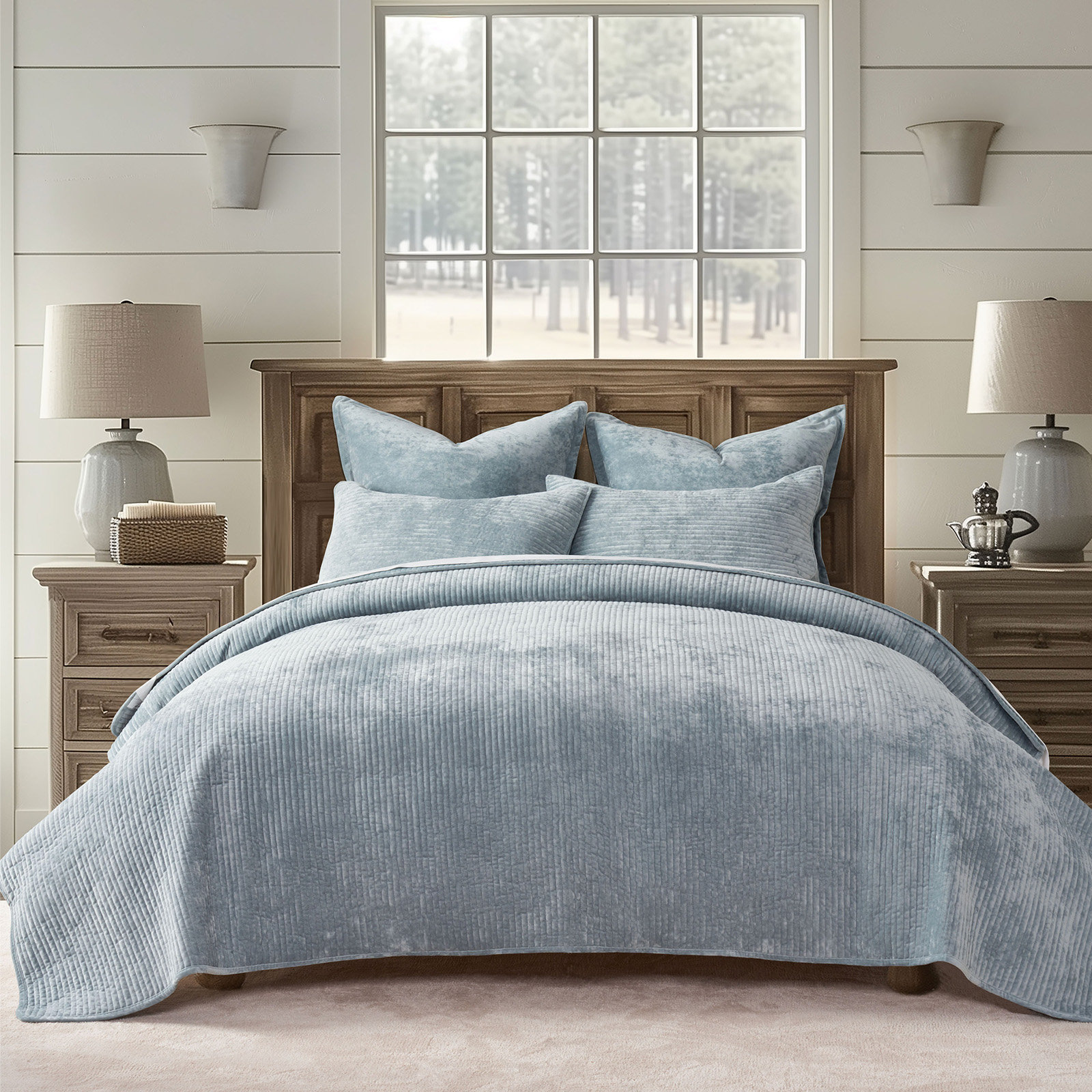 Velvet Quilt Set, Queen, Blue Linen