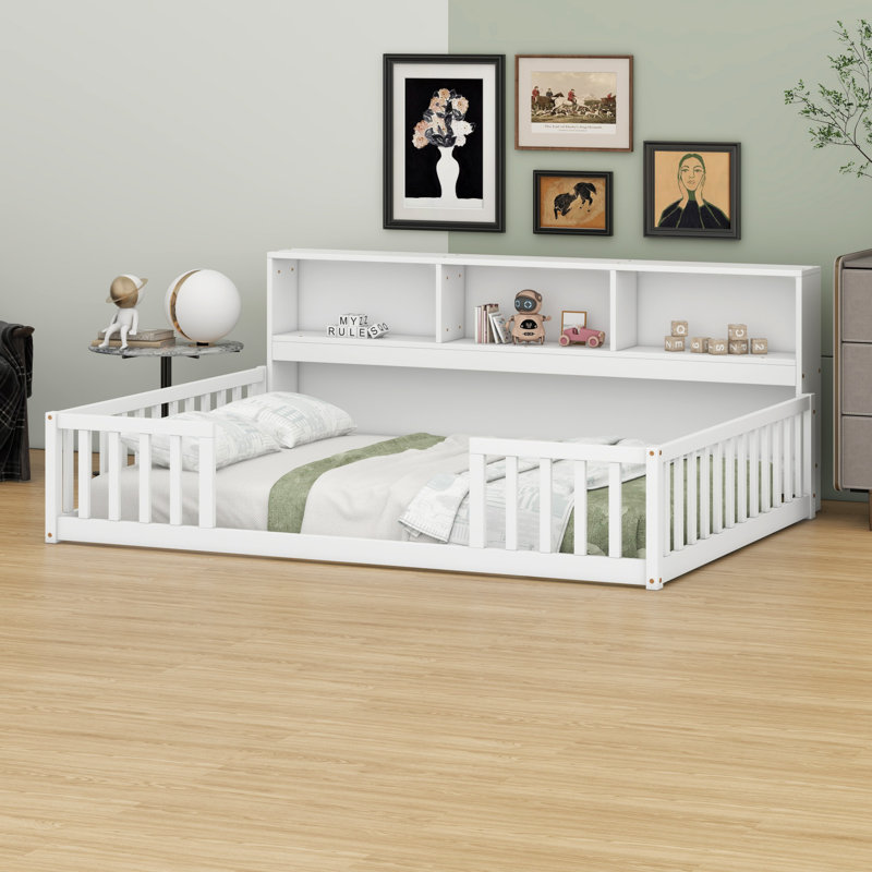 Floor Bed With Side Bookcase,Shelves,Guardrails, White