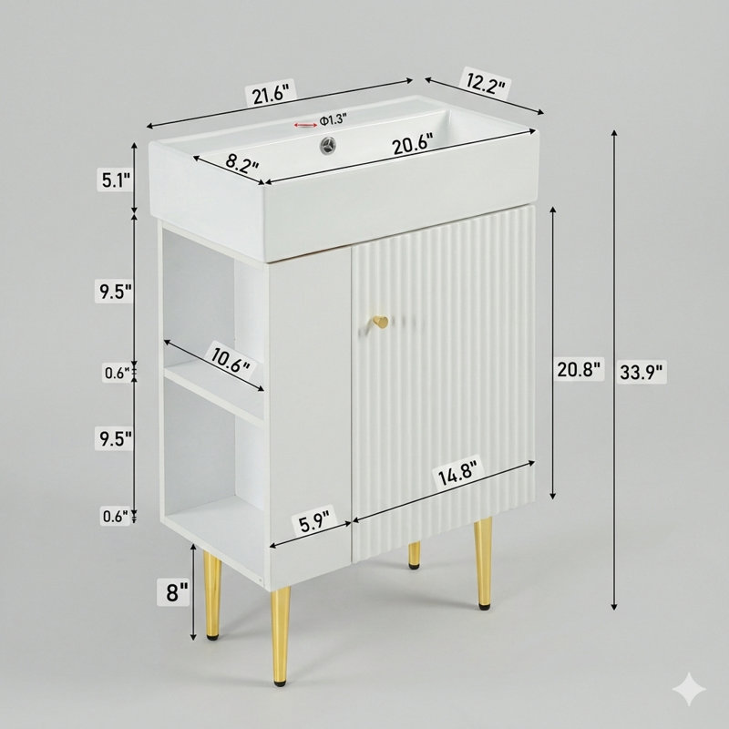 Meuble-lavabo blanc de 21,6 po, armoire combinée, unité de rangement avec lavabo en céramique simple, rangement à gauche