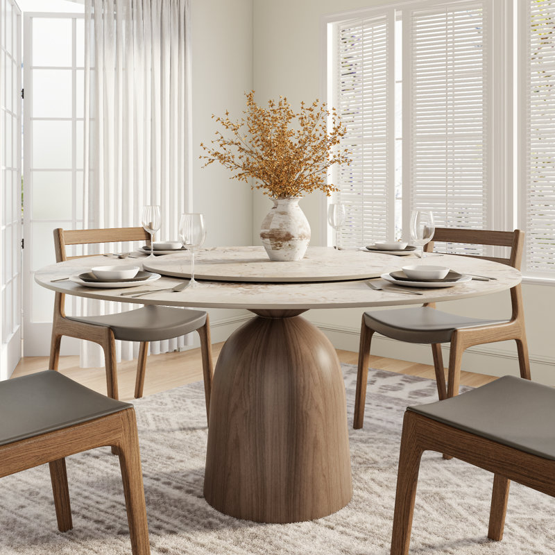 Amberly Stylish Round Dining Table With Lazy Susan - Stone Top And Solid Wood Base For Modern Dining, Monet Garden