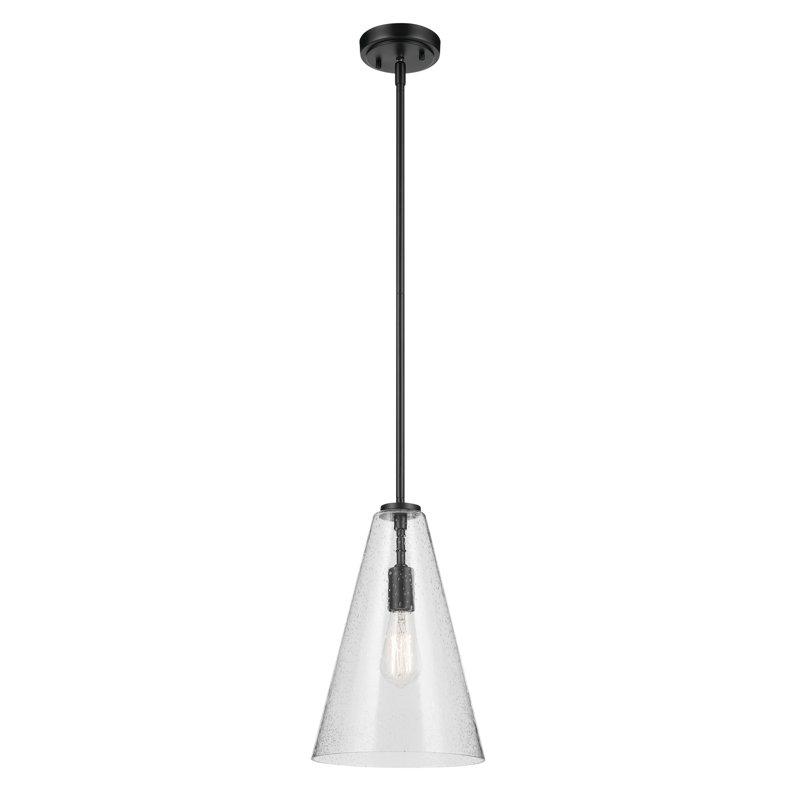 Luminaire suspendu conique 1 lumière 15,25 po avec verre bullé transparent, Noir satiné