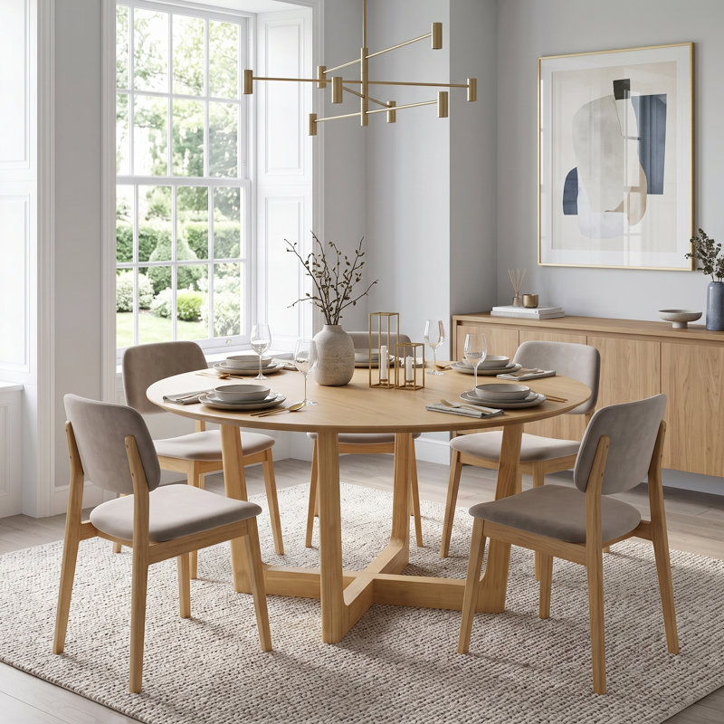 47'' Modern Round Solid Wood Dining Table with Cross-Leg Base, Oak
