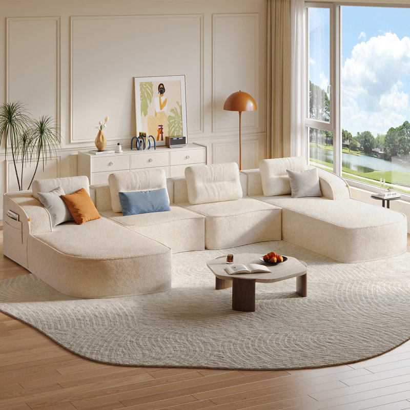 148.8 Inch Wide Oversized Modern Wave Curved Striped Fabric U-Shape Modular Sectional Sofa In White With Wrap-Around Seating