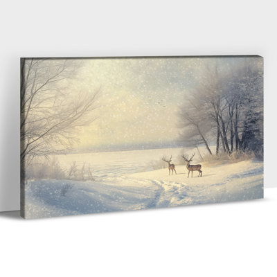 Grand paysage de cerfs d'hiver, art sur toile, pin enneigé, impressions sur toile, décoration murale de Noël rétro, affiche de peinture de scène d'hiver pour le salon, le bureau de la chambre à coucher, 28 po x 40 po, 20 po x 30 po