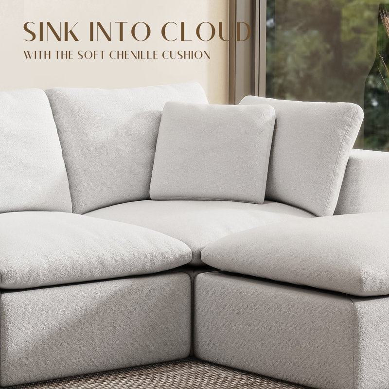 108" L-shaped Sectional Couch, Compression Sofa, White Chenille, White Chenille