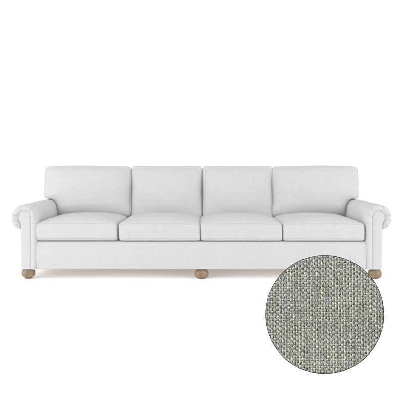 Leroy Rolled Panel-Arm Extra Long Sofa with Bun Feet, 36" H x 120" W x 43" D, Pebble Weave Linen Haze, Natural