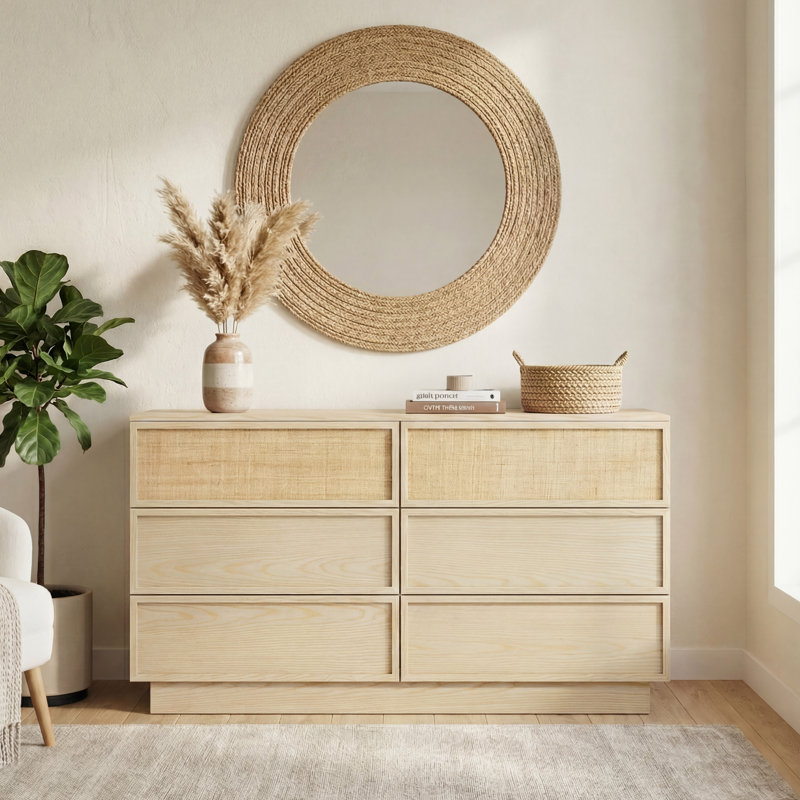 59" Natural Oak 6 Drawer Dresser With Raffia Woven Drawer Fronts, Wide Bedroom Storage Chest With Soft-Close Slides