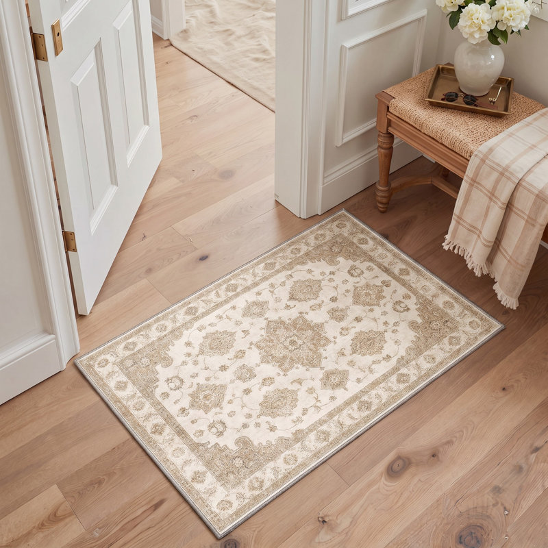Paillasson oriental traditionnel ivoire/beige performant à poils courts, lavable et antidérapant, Rectangle 3' x 5'