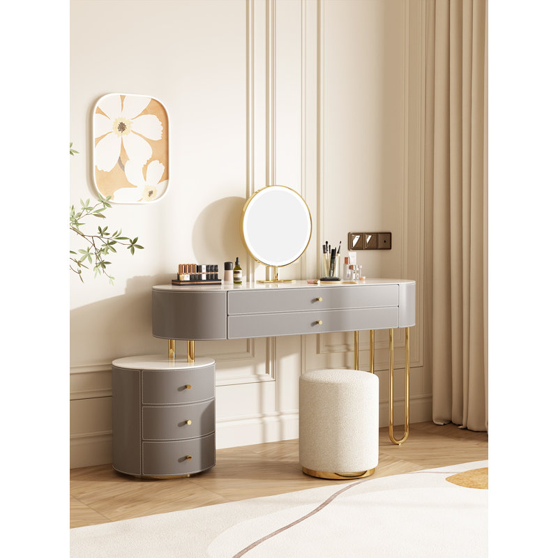 Ensemble de coiffeuse Jahnea-Elegant: table de coiffeuse et tabouret à finition ardoise en cuir Saddle, support en acier inoxydable, installation réversible et miroir à DEL à intensité variable