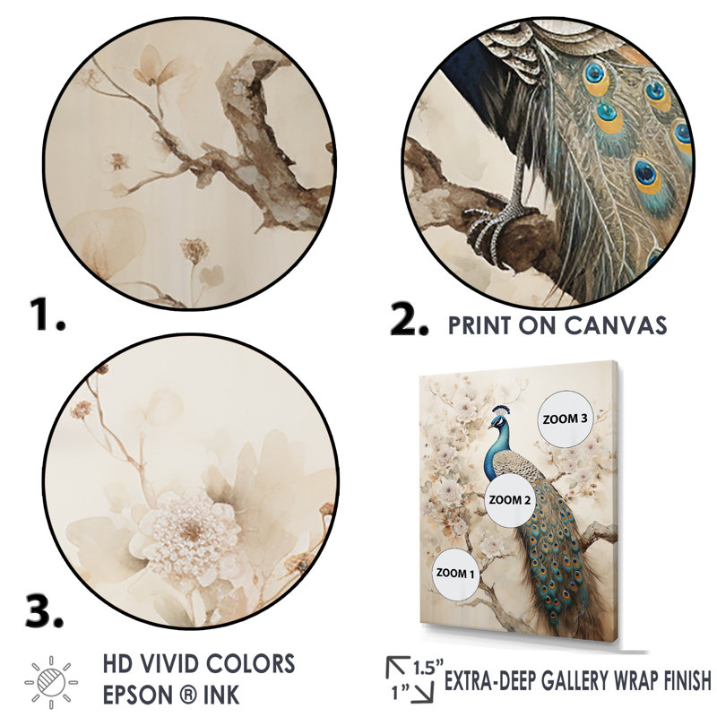 «Vintage Fantasy Peacock In Enchanted Flowers II», reproduction sur toile, Cadre flottant doré, H 32 po x l 24 po x P 1 po