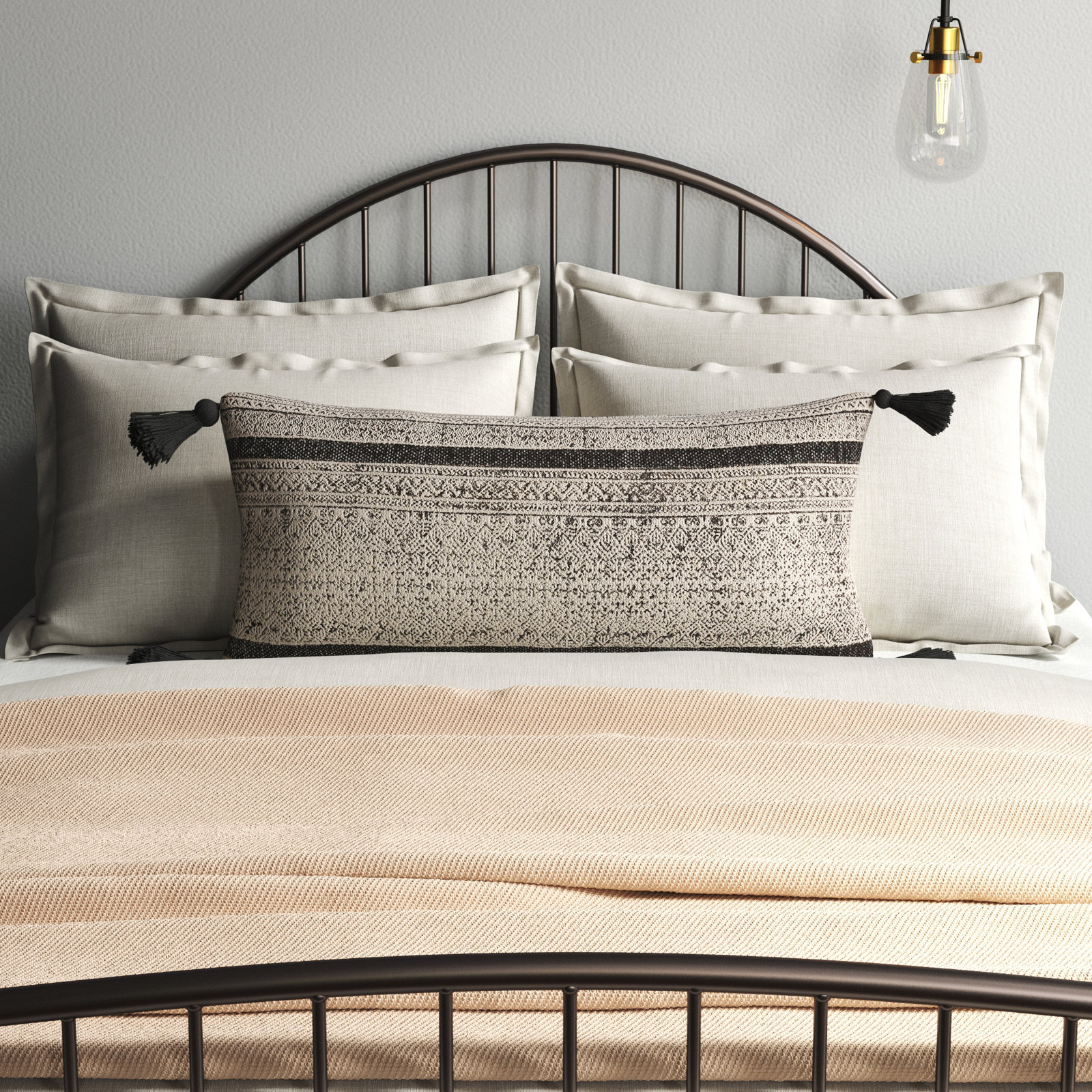 Zetta Tassels Cotton Lumbar Throw Pillow, Polyester/Polyfill, Beige/Black