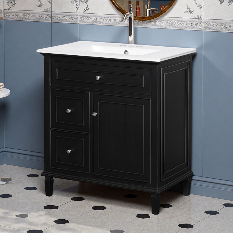 Meuble-lavabo 30 po avec lavabo, meuble-lavabo avec un tiroir rabattable et deux tiroirs, Noir