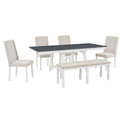 6-Piece Classic Dining Table Set, Rectangular Extendable Dining Table With Two 12""W Removable Leaves And 4 Upholstered Chairs & 1 Bench For Dining Roo -  STYLISH, OKKK612-ST000088AAE