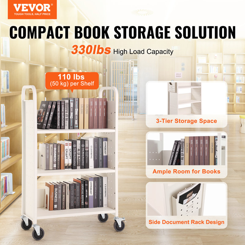 White Carbon Steel Rolling Library Book Cart with Lockable Wheels