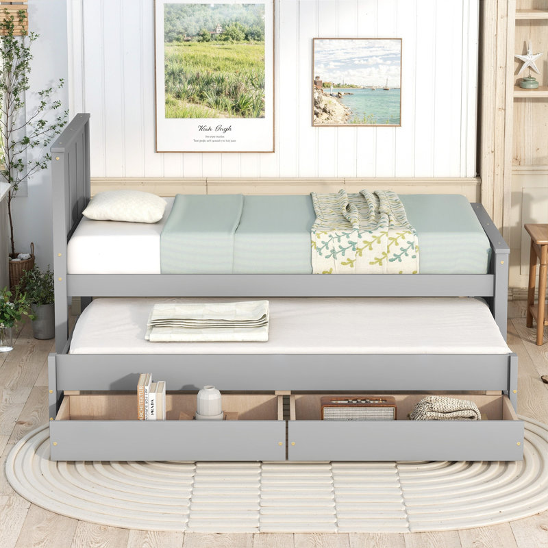 Lit plateforme simple avec lit gigogne et tiroirs, Gris