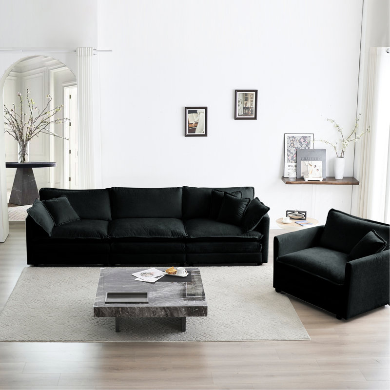 1 + 1 + 3 sièges en noir - revêtement en chenille, base, éponge, pour espace de vie avec 3 chenilles, construction respirante, bureau à domicile