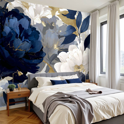 Papier peint adhésif moderne avec motif d'aquarelle, pivoines de la marine, feuilles dorées 69 po x l 96 po, papier peint amovible en PVC, autocollant, luxe minimaliste, décoration murale nordique, pour chambre à coucher, salon