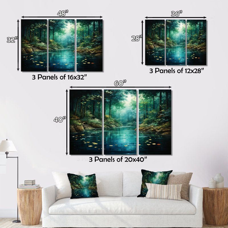 «Forest Emerald Canopy River» sur toile, reproduction de 3 pièces, H 40 po x l 60 po x P 1 po