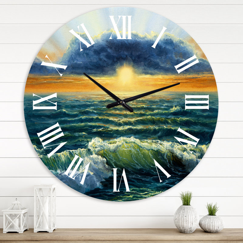 Coucher de soleil sur l'océan bleu I - Horloge murale nautique et côtière, Grand