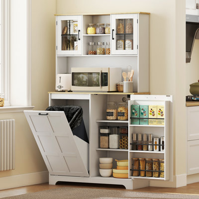 Kitchen Pantry Cabinet with Charging Station and Trash Can Cabinet