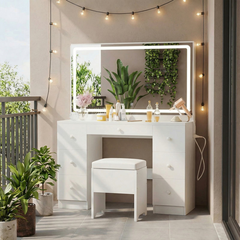 Ensemble de meuble-lavabo à 43 tiroirs l 43 po avec miroir lumineux à DEL et prise de courant, Blanc